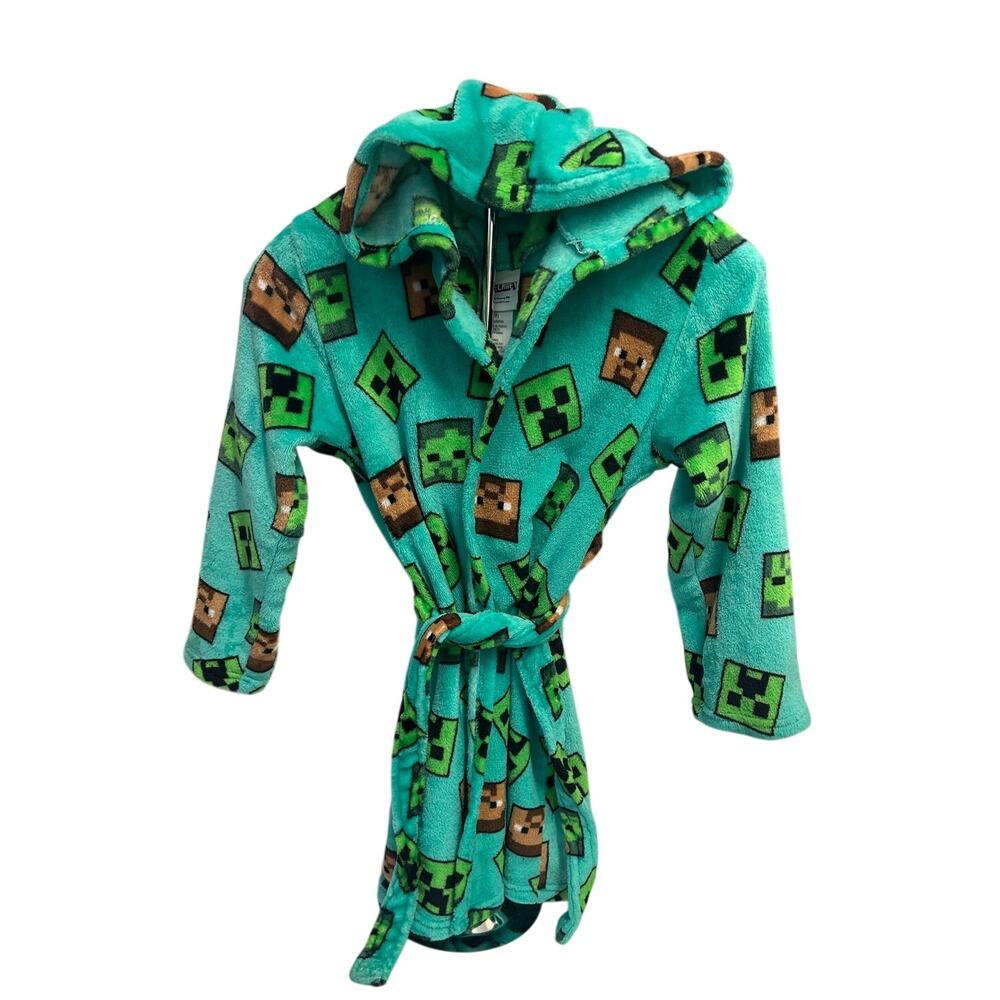 Minecraft hooded fleece bathrobe creeper and Steve face graphics bright teal
